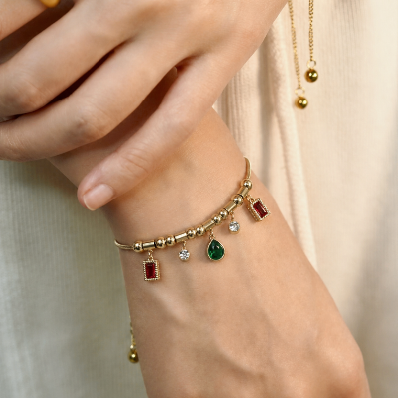 Ravenna Charm Bracelet | Ruby and Emerald Crystal, 18k Gold Plated 1