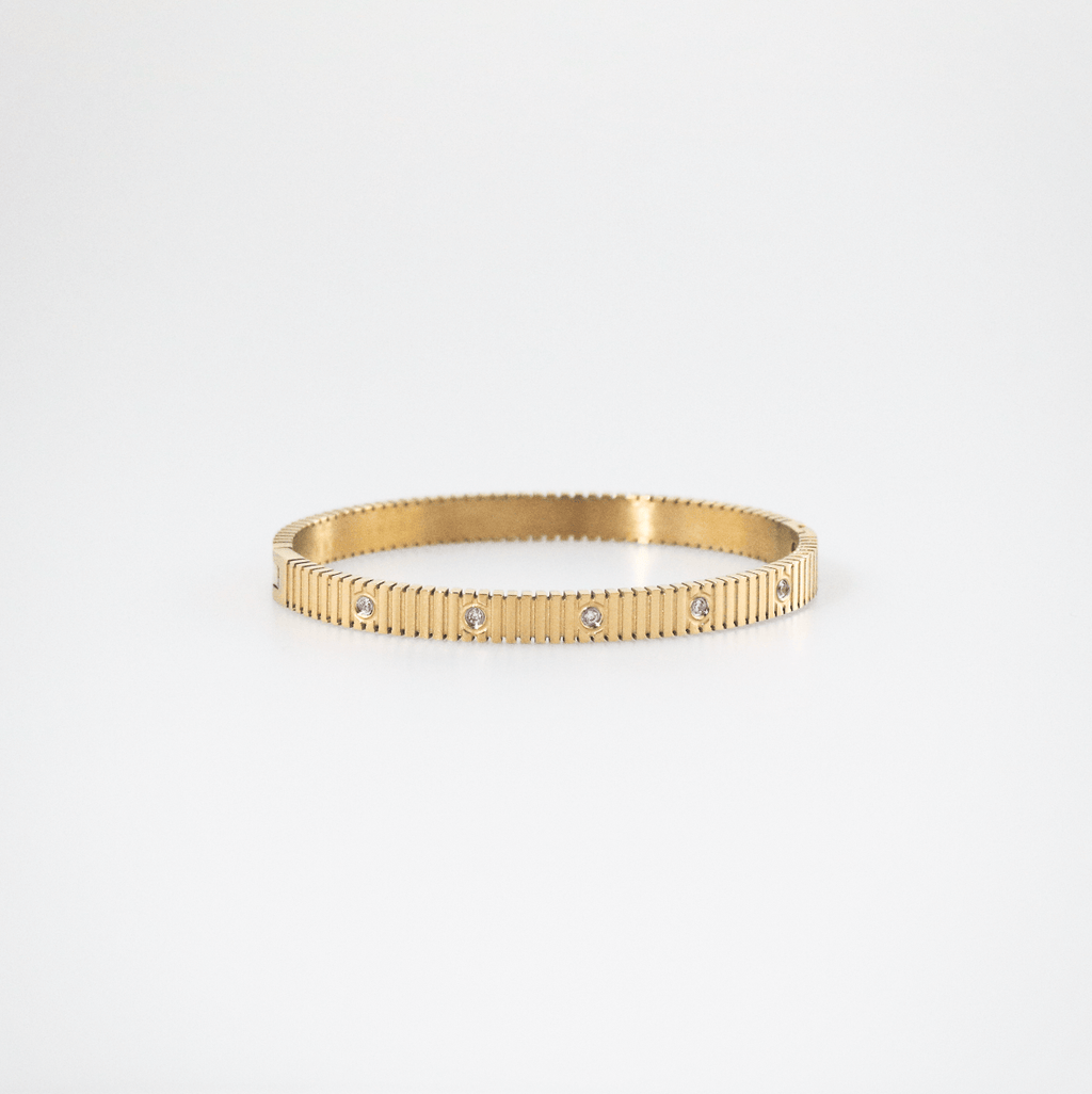 Riva Gold Bangle Bracelet | 18k Gold Plated, Ribbed Texture with Crystal Accents 0