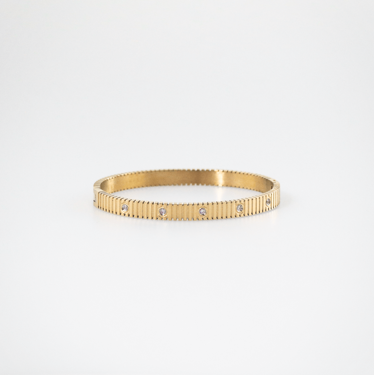 Riva Gold Bangle Bracelet | 18k Gold Plated, Ribbed Texture with Crystal Accents 0