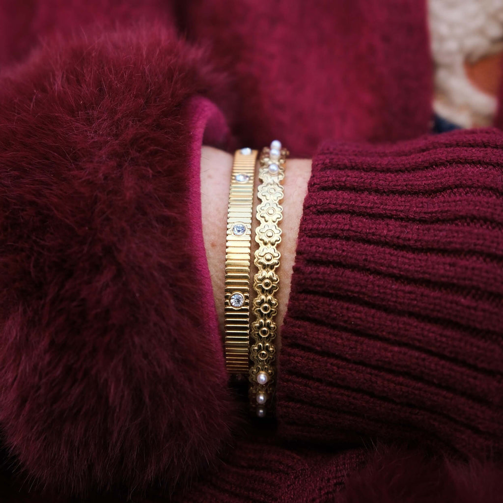 Riva Gold Bangle Bracelet | 18k Gold Plated, Ribbed Texture with Crystal Accents 1
