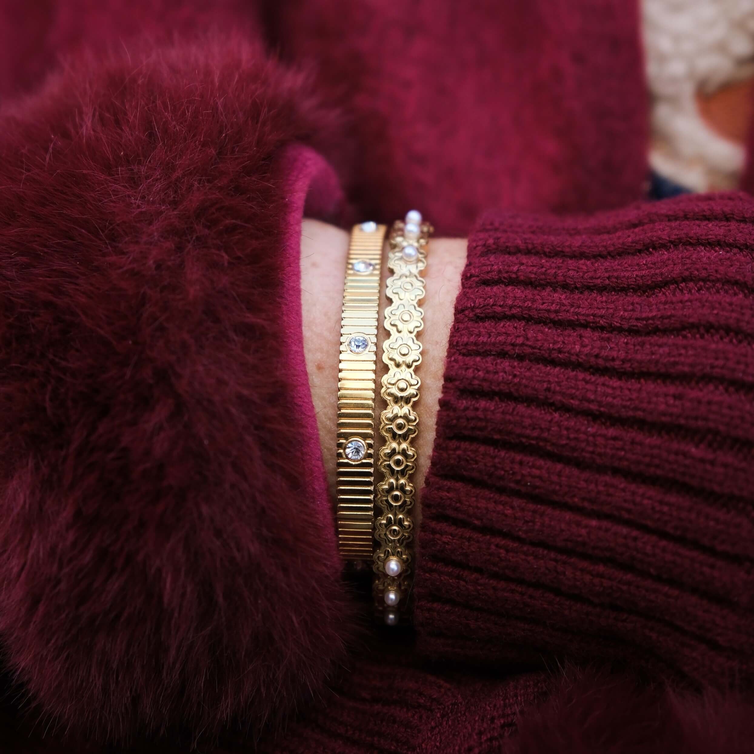 Riva Gold Bangle Bracelet | 18k Gold Plated, Ribbed Texture with Crystal Accents 1