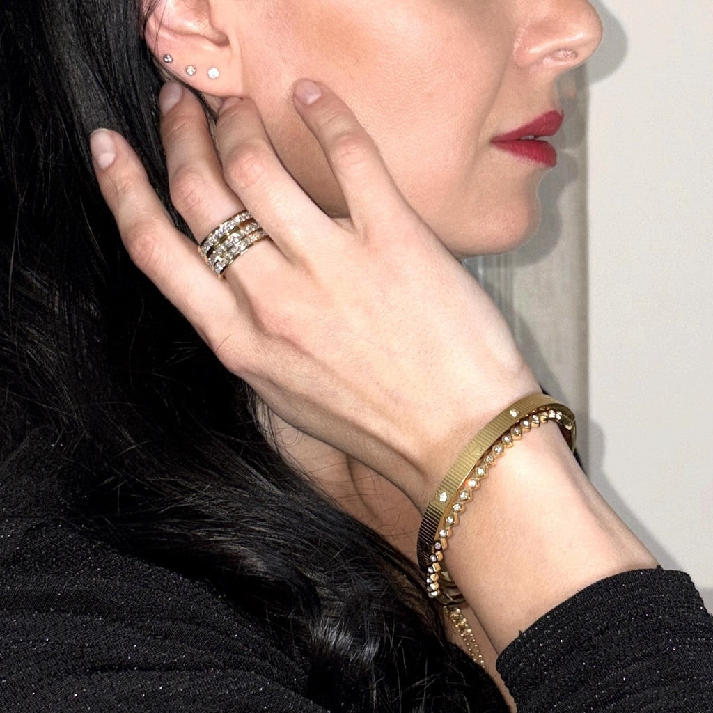 Riva Gold Bangle Bracelet | 18k Gold Plated, Ribbed Texture with Crystal Accents 2