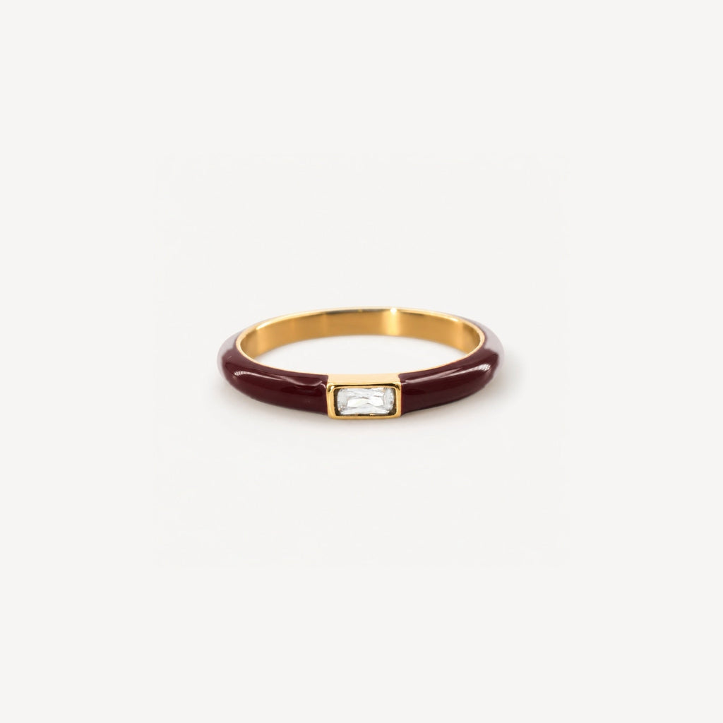 Riven Red Enamel Stacking Ring | 18k Gold Plated, Baguette Crystal 0