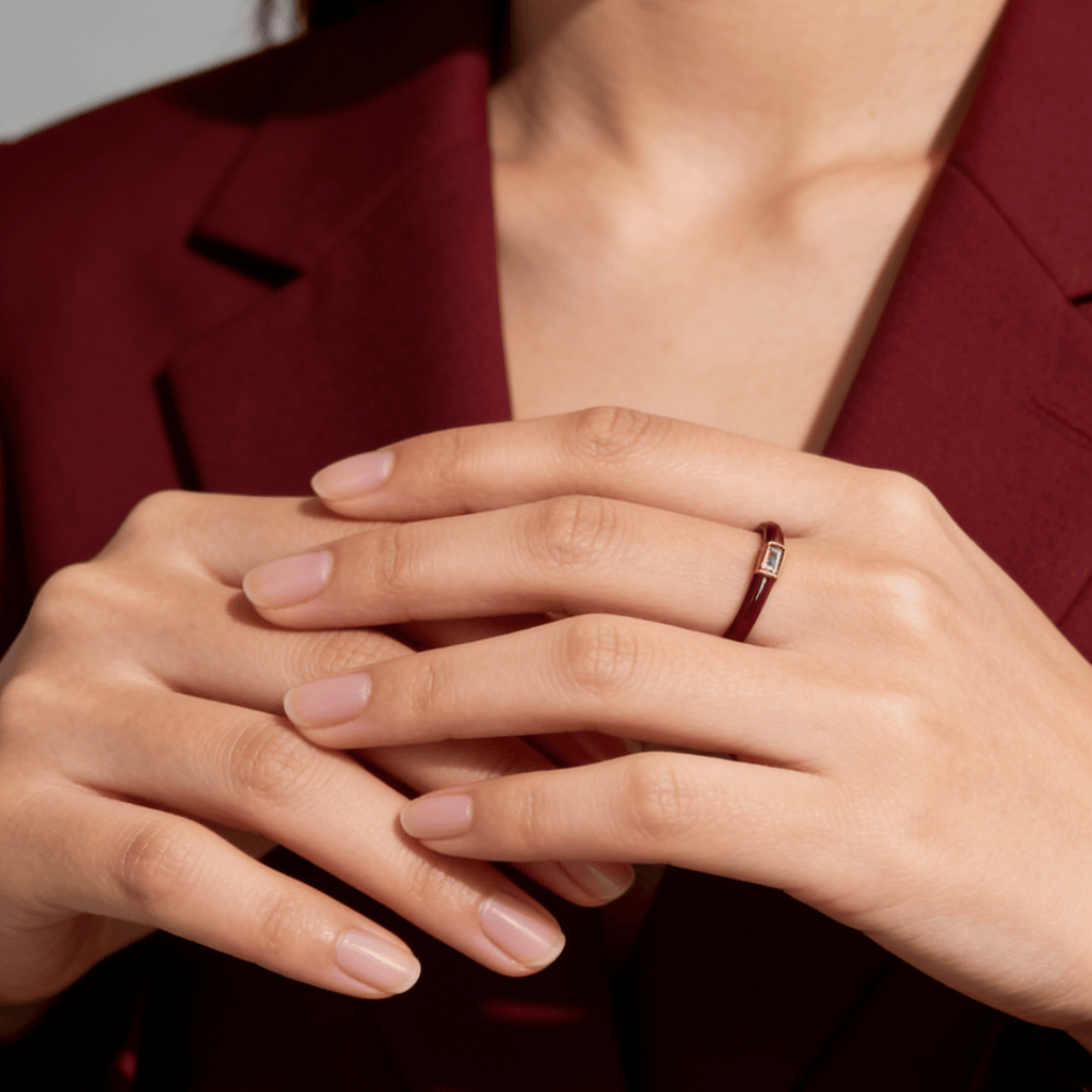 Riven Red Enamel Stacking Ring | 18k Gold Plated, Baguette Crystal 1