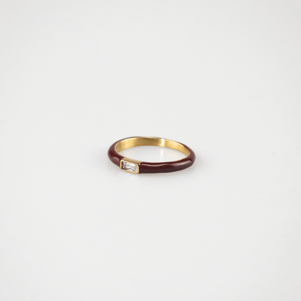Riven Red Enamel Stacking Ring | 18k Gold Plated, Baguette Crystal 2