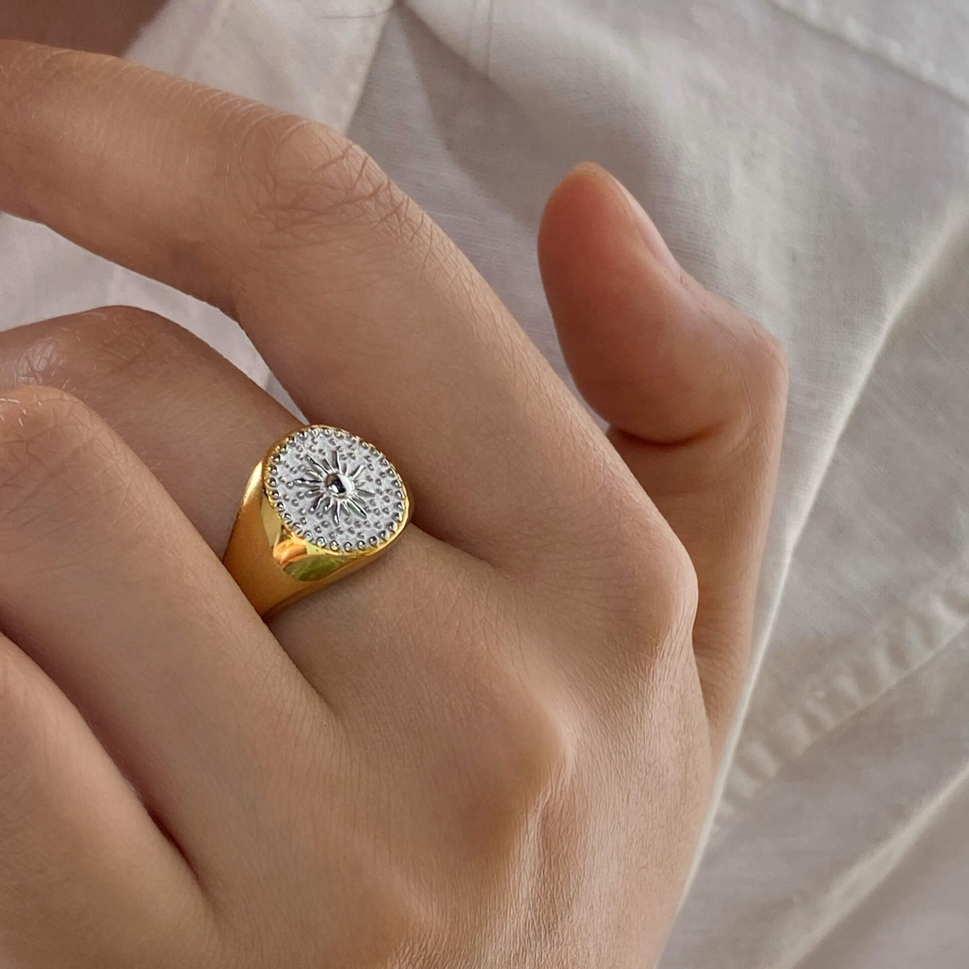 Soleil Womens Signet Ring | 18k Gold Plated, Two-Tone Celestial Design 0