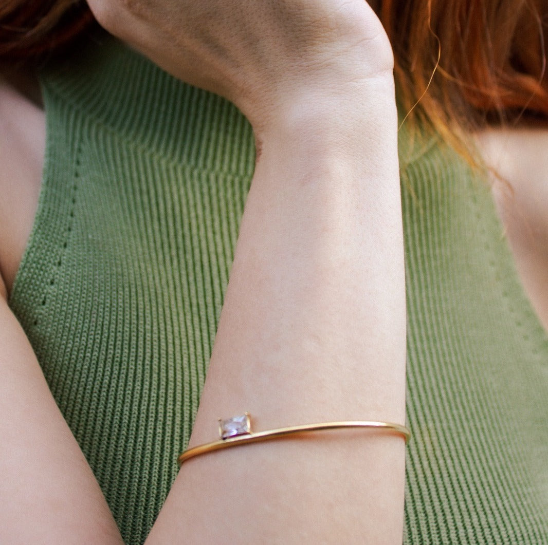 Sora Gold Cuff Bracelet | 18k Gold Plated, Square Rhinestone Design 2