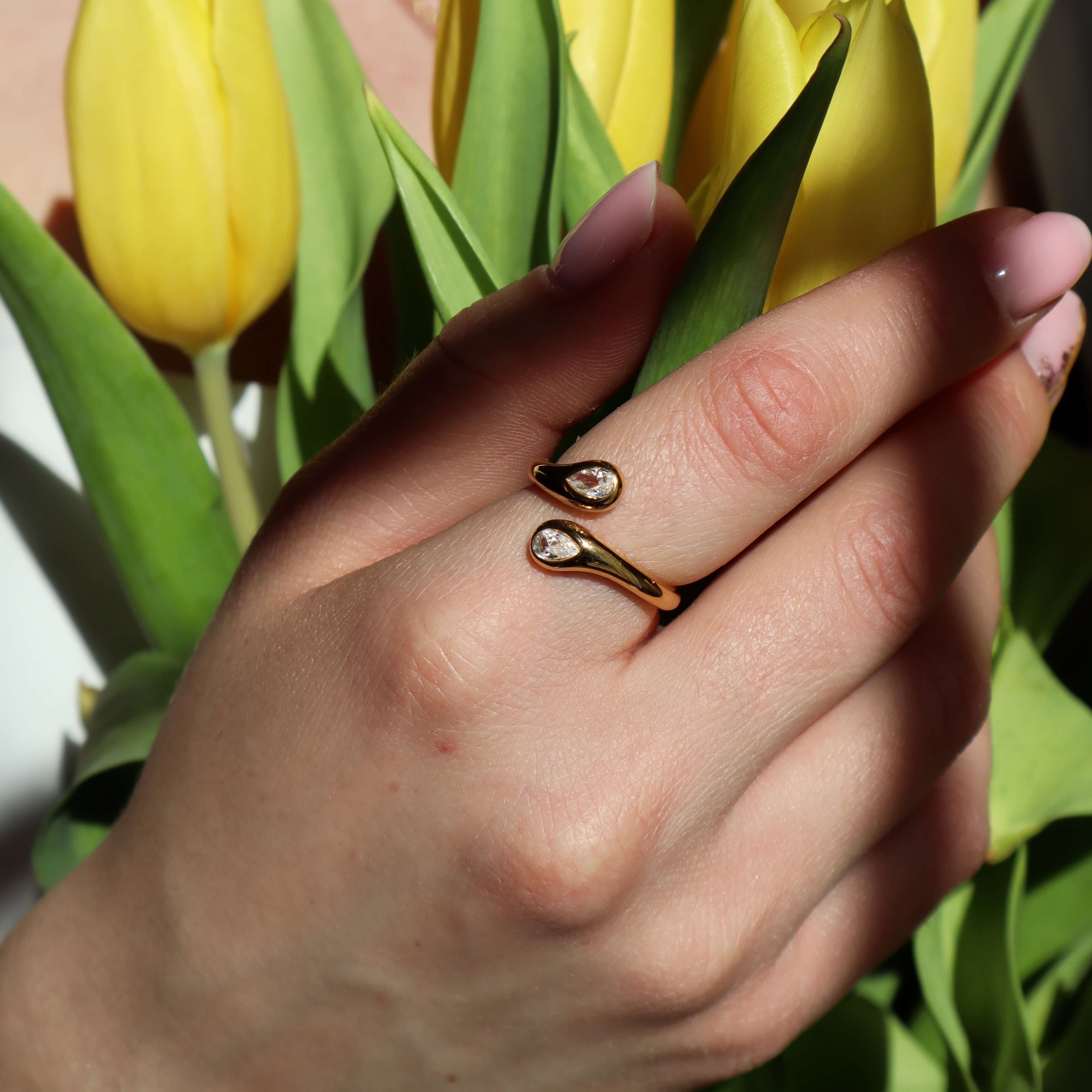 Talia CZ Ring | Twin Teardrop, 18k Gold-Plated, Waterproof 3