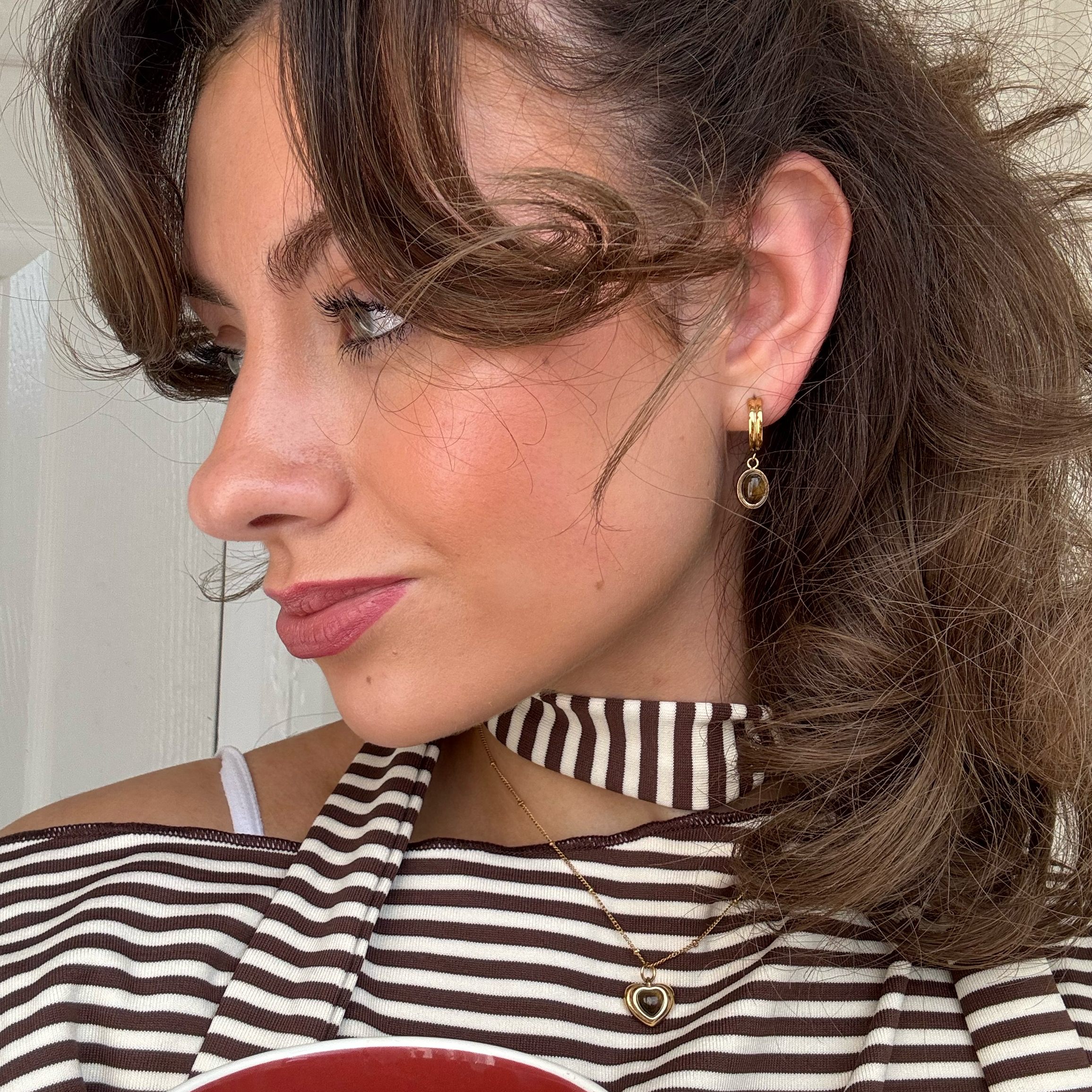 Talia Drop Hoops | Tiger Eye Stone, 18k Gold Plated Stainless Steel 1
