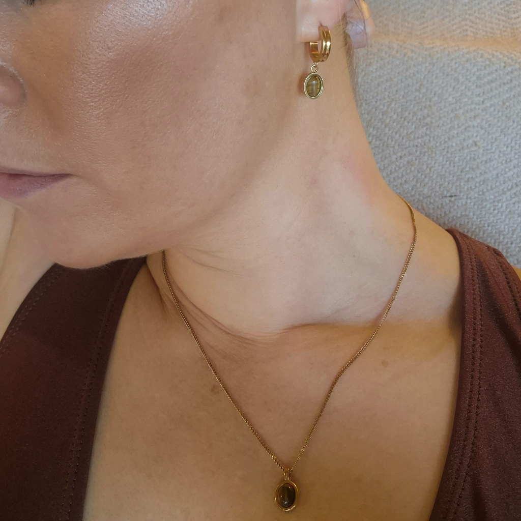 Talia Drop Hoops | Tiger Eye Stone, 18k Gold Plated Stainless Steel 2
