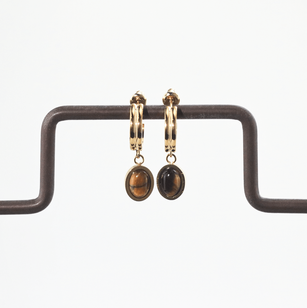 Talia Drop Hoops | Tiger Eye Stone, 18k Gold Plated Stainless Steel 3