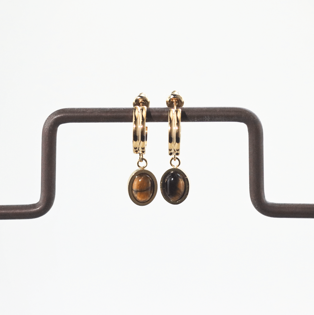 Talia Drop Hoops | Tiger Eye Stone, 18k Gold Plated Stainless Steel 3