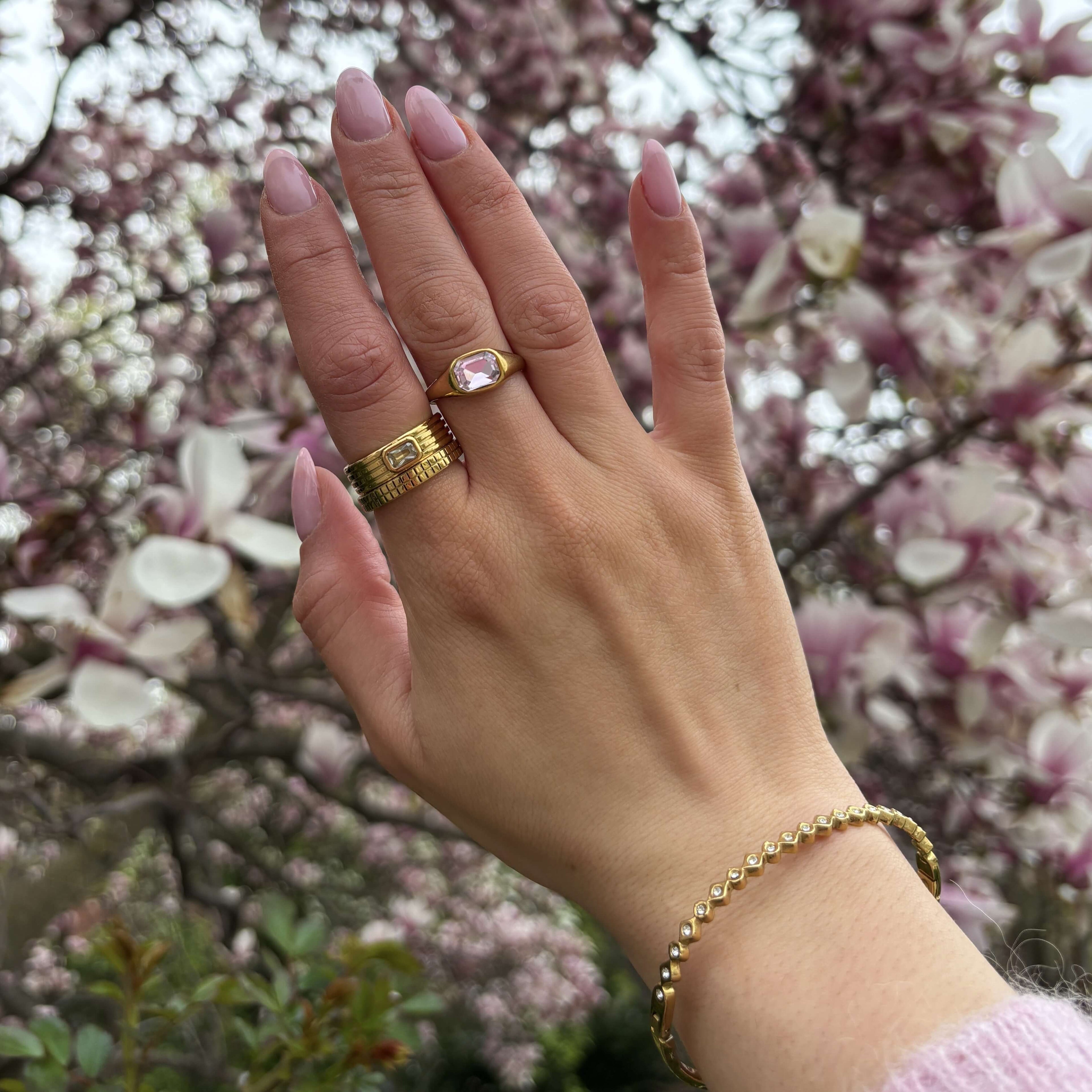 Talia Gold Bangle Bracelet | 18k Gold Plated, Slim Design with Shimmering Stones 7