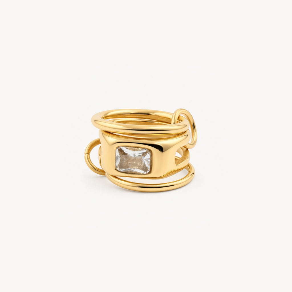 Trilo Rectangle CZ Ring | 18k Gold Plated Stainless Steel 0
