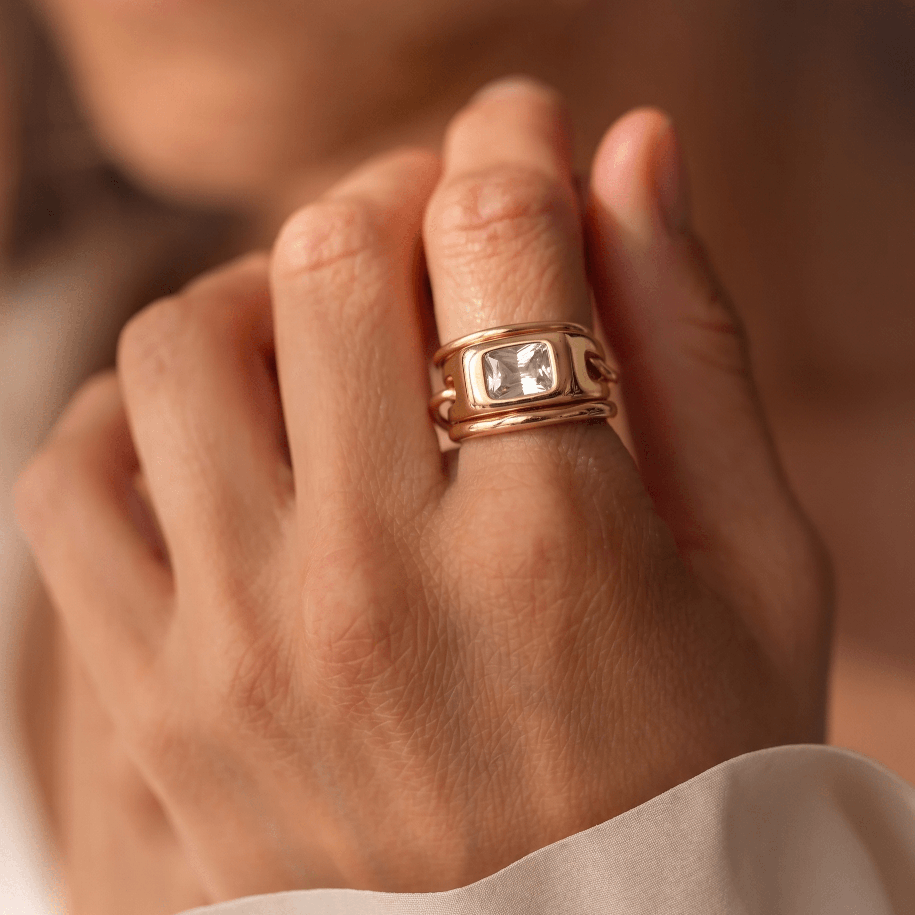 Trilo Rectangle CZ Ring | 18k Gold Plated Stainless Steel 1