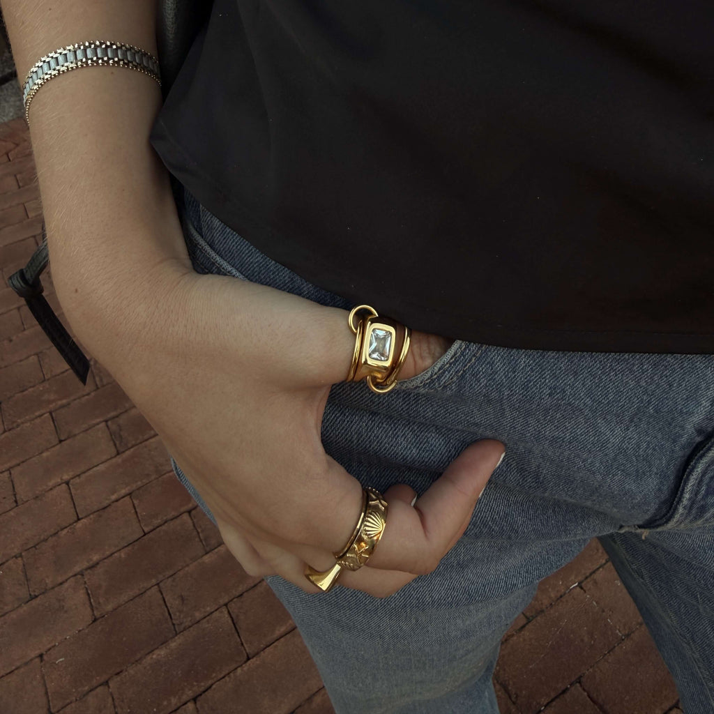 Trilo Rectangle CZ Ring | 18k Gold Plated Stainless Steel 3